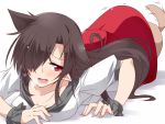 1girl all_fours animal_ears breasts brown_hair dog extra_ears hair_over_one_eye heavy_breathing hemogurobin_a1c imaizumi_kagerou large_breasts long_hair looking_at_viewer open_mouth pointy_ears puffy_short_sleeves puffy_sleeves red_eyes red_skirt scrunchie shirt short_sleeves skirt skirt_lift solo tail tail_wagging touhou white_shirt wolf_ears wolf_tail wrist_scrunchie 