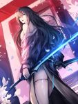  1girl a-line black_hair blue_eyes dual_wielding from_below hair_between_eyes highres holding holding_sword holding_weapon long_hair off_shoulder original outdoors solo sword weapon 