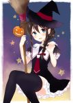  1girl :d adapted_costume artist_name black_hair black_legwear blue_eyes blush braid broom commentary_request dated hair_flaps hat jack-o&#039;-lantern kantai_collection long_hair naoto_(tulip) necktie open_mouth pumpkin sailor_collar shigure_(kantai_collection) smile solo star thigh-highs witch_hat zettai_ryouiki 