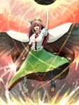 &gt;:d 1girl :d arm_cannon arm_up asymmetrical_legwear bird_wings black_sun black_wings bow breasts brown_eyes brown_hair cape dress_shirt feathered_wings frilled_skirt frills green_bow green_skirt hair_bow highres large_breasts long_hair long_skirt looking_at_viewer minami_koyogi open_mouth puffy_short_sleeves puffy_sleeves reiuji_utsuho shirt short_sleeves sidelocks skirt smile solo sun teeth third_eye touhou weapon white_shirt wings 
