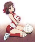  1girl artist_request blush breast_hold brown_eyes brown_hair elbow_pads full_body girls_und_panzer headband highres knee_pads kondou_taeko looking_at_viewer open_mouth red_legwear shoes short_hair sitting sitting_on_floor solo sportswear sweat thighs volleyball volleyball_uniform 