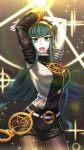  1girl :d arms_up asymmetrical_clothes belt black_legwear breasts cleopatra_(fate/grand_order) cowboy_shot earrings facial_mark fate/grand_order fate_(series) glowing green_eyes green_hair hairband hime_cut hoop_earrings jewelry kotera_ryou large_breasts leaning_forward long_hair looking_at_viewer necklace open_mouth pantyhose shorts sidelocks smile solo 