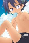  1boy blue_hair blush demon_boy demon_tail demon_wings highres horns male_focus mini_wings nipples pocchipocchi pointy_ears pop-up_story popsicle school_swimsuit short_hair sky solo swimsuit tail violet_eyes wings ziz_glover 
