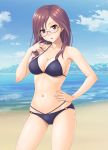  1girl beach bikini blue_eyes breasts brown_hair cleavage cowboy_shot female glasses hand_on_hip hida_tatsuo highres idolmaster idolmaster_cinderella_girls long_hair looking_at_viewer medium_breasts solo standing swimsuit yagami_makino 