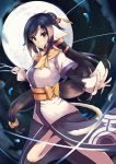  1girl 5-shiki absurdres black_hair hair_ornament highres kuon_(utawareru_mono) long_hair looking_at_viewer low-tied_long_hair moon orange_eyes smile solo utawareru_mono:_itsuwari_no_kamen 