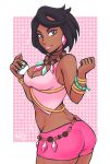  1girl ass bangs bead_necklace beads black_hair blue_nails bracelet breasts crop_top dark_skin earrings grey_eyes holding holding_poke_ball iahfy jewelry lipstick looking_at_viewer lychee_(pokemon) makeup medium_breasts midriff nail_polish neck_ring necklace poke_ball pokemon pokemon_(game) pokemon_sm short_hair short_shorts shorts sleeveless solo swept_bangs 
