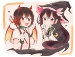  2girls :3 bracelet brown_eyes brown_hair cape collared_shirt crescent crescent_moon_pin demon_wings fang_out hair_ornament halloween halloween_costume hat heart horns itomugi-kun jewelry kantai_collection kisaragi_(kantai_collection) moon_(ornament) multicolored_hair multiple_girls mutsuki_(kantai_collection) polearm purple_hair redhead shirt smile spiked_bracelet spikes star suspenders trident two-tone_hair violet_eyes wand weapon wings wizard_hat 