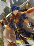  1boy belt blue_eyes blue_hair cape castle closed_mouth company_name copyright_name cropped_legs feet_out_of_frame fingerless_gloves fire_emblem fire_emblem:_souen_no_kiseki fire_emblem_cipher gloves headband holding holding_sword holding_weapon ike kita_senri male male_focus official_art outdoors over_shoulder serious solo sword sword_over_shoulder weapon weapon_over_shoulder 