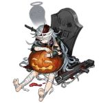  assault_rifle bags_under_eyes bandages blood blush_stickers g11 g11_(girls_frontline) girls_frontline gun jacket knife looking_at_viewer official_art pumpkin rifle tombstone torn_clothes weapon 