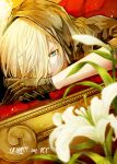  1boy black_gloves blonde_hair blue_eyes blurry copyright_name covered_mouth depth_of_field flower gloves hair_over_one_eye hood hoodie lily_(flower) looking_at_viewer male_focus onda_katsuki one_eye_covered own_hands_together sleeves_past_elbows solo upper_body white_flower yuri!!!_on_ice yuri_plisetsky 