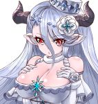  1girl :o breast_suppress breasts cleavage doraf dress eyebrows eyebrows_visible_through_hair eyes_visible_through_hair flower fur_collar granblue_fantasy hair_between_eyes hair_flower hair_ornament halterneck hat highres horns izmir large_breasts long_hair mini_hat mole mole_under_mouth open_mouth pointy_ears red_eyes rose silver_hair snowflakes solo under_boob white_dress white_hat white_rose 