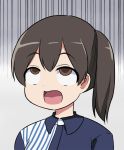 1girl adapted_costume ahegao alternate_costume black_hair brown_eyes commentary_request employee_uniform eyebrows eyebrows_visible_through_hair kaga_(kantai_collection) kantai_collection lawson masara open_mouth rolling_eyes side_ponytail solo uniform