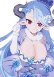  1girl bare_shoulders blue_hair breasts cleavage dress elbow_gloves gloves granblue_fantasy horns huge_breasts izmir long_hair looking_at_viewer nachisuke_(nachi_comic) pointy_ears red_eyes simple_background solo white_background white_gloves 