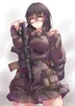  1girl ayyh between_vreasts brown_hair cardigan gun highres red_eyes rifle school_uniformrifle weapon 