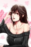  1girl bangs bare_shoulders black_hair breasts brown_eyes cleavage collarbone hair_tucking large_breasts long_hair looking_at_viewer minami_koyogi off-shoulder_sweater open_mouth original ribbed_sweater side_glance solo sweater swept_bangs teeth upper_body 
