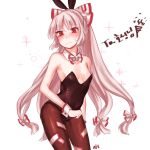  1girl animal_ears bare_shoulders blush bow breasts bunnysuit commentary_request frown fujiwara_no_mokou hair_bow hair_ribbon long_hair navel party_popper rabbit_ears red_eyes ribbon solo sparkle sweat tis_(shan0x0shan) touhou translation_request white_hair 