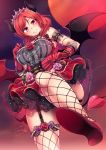  1girl :&gt; bangs bare_shoulders beads blush breasts closed_mouth demon_girl demon_horns demon_tail demon_wings dress fishnet_legwear fishnets flower from_below garter_straps gloves hairband halloween heavy_breathing high_heels horns large_breasts layered_dress lolita_fashion looking_at_viewer love_live! love_live!_school_idol_project nishikino_maki parted_bangs pink_eyes pink_rose red_gloves red_rose red_shoes redhead rose shoes short_hair signature smile solo tail thigh-highs tiara underbust windart wings 