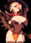  1girl alternate_costume black_background blonde_hair blue_eyes breasts cleavage hat looking_at_viewer mercy_(overwatch) overwatch sieyarelow smile solo witch witch_hat witch_mercy 