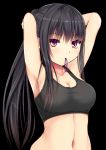  1girl adjusting_hair armpits arms_up bangs black_background black_hair breasts highres kurokami_(kurokaminohito) long_hair looking_at_viewer medium_breasts mouth_hold navel original ponytail sidelocks solo sports_bra upper_body yellow_eyes 