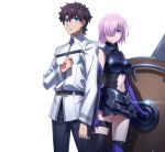  1boy 1girl bare_shoulders blue_eyes breasts brown_hair elbow_gloves fate/grand_order fate_(series) gloves hair_over_one_eye male_protagonist_(fate/grand_order) navel official_art open_mouth purple_hair shield shielder_(fate/grand_order) short_hair thigh-highs violet_eyes 