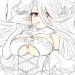  1girl artist_request breasts doraf flower gloves granblue_fantasy hair_between_eyes hair_flower hair_ornament horns izmir large_breasts long_hair mole mole_under_mouth pink_eyes pointy_ears red_eyes solo spot_color under_boob 