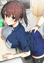  1girl ass ass_grab blush body_mahattaya_ginga brown_eyes brown_hair employee_uniform eyebrows eyebrows_visible_through_hair grabbing grabbing_from_behind groping jewelry kaga_(kantai_collection) kantai_collection lawson long_hair ring side_ponytail solo_focus thigh-highs uniform zettai_ryouiki 