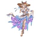  1girl animal_ears armlet bracelet braid brown_eyes flower full_body granblue_fantasy hand_on_own_chest hat heles jewelry lavender_hair long_hair minaba_hideo one-piece_swimsuit sandals see-through simple_background skirt smile solo standing sun_hat swimsuit very_long_hair 