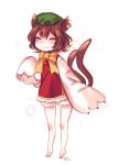  1girl :3 animal_ears bow bowtie brown_hair cat_ears cat_tail chen closed_eyes green_hat hat jewelry multiple_tails short_hair single_earring sleeves_past_wrists solo star tail tiptoes tis_(shan0x0shan) touhou two_tails yellow_bow yellow_bowtie 