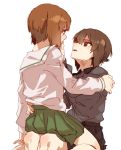  2girls brown_eyes brown_hair girls_und_panzer hand_on_another&#039;s_hip hand_on_another&#039;s_shoulder hands ky_(kurokky709) looking_at_another multiple_girls nishizumi_maho nishizumi_miho school_uniform serafuku short_hair siblings sisters sitting sitting_on_lap sitting_on_person skirt white_background yuri 