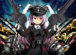  1girl animal_ears belt belt_pouch black_hat black_jacket blood blood_stain bloody_clothes buttons clouds coba_(bushclover) dual_wielding gloves gun hat highres holding holding_gun holding_weapon jacket long_hair long_sleeves military military_uniform moon_rabbit necktie night night_sky pocket purple_hair rabbit_ears red_eyes reisen_udongein_inaba skull_and_crossbones sky smile solo sparkle speaker tagme touhou uniform weapon white_gloves 