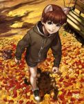  1boy animal_ears autumn bench brown_eyes brown_hair cat_ears grin kujiranohane leaf original shoes smile 
