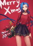  1girl :p blue_hair braid candy candy_cane christmas food highres jinx_(league_of_legends) league_of_legends long_hair looking_at_viewer merry_christmas oopartz_yang red_background simple_background skirt solo thighs tongue tongue_out twin_braids very_long_hair violet_eyes 