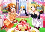  2girls ayase_eli blonde_hair blue_eyes blush cake cup dress drinking_glass elbow_gloves flower food gloves hair_flower hair_ornament highres jewelry kousaka_honoka long_hair looking_at_viewer love_live! love_live!_school_idol_festival love_live!_school_idol_project multiple_girls necklace open_mouth orange_hair pantyhose pastry ponytail ribbon short_dress side_ponytail smile 