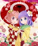  2girls :d apron bell character_name clothes_writing flower hair_bell hair_flower hair_ornament hieda_no_akyuu highres interlocked_fingers japanese_clothes kayama_benio motoori_kosuzu multiple_girls open_mouth oriental_umbrella petals purple_hair red_eyes redhead smile touhou two_side_up umbrella violet_eyes 