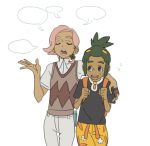  2boys androgynous arm_around_shoulder backpack bag blank_speech_bubble closed_eyes dark_skin dark_skinned_male eyelashes gguinep green_hair grey_eyes hau_(pokemon) high_ponytail ilima_(pokemon) looking_at_another multiple_boys open_mouth pants pink_hair pokemon pokemon_(game) pokemon_sm shorts simple_background smile speech_bubble sweater_vest talking white_background white_pants 