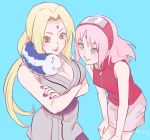  2girls blonde_hair blue_background blush breasts brown_eyes cleavage crossed_arms facial_mark forehead_mark forehead_protector from_above haruno_sakura katsuyu konohagakure_symbol lipstick makeup multiple_girls nail_polish naruto pink_hair purple_nails red_lips risuo skirt slug smile tsunade twitter_username 