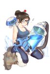  1girl absurdres black-framed_eyewear blue_shirt breasts brown_eyes brown_hair cleavage full_body fur-trimmed_boots glasses gloves hair_bun hair_ornament hair_stick highres large_breasts mei_(overwatch) musical_note overwatch shirt short_hair shuaiaba simple_background sketch solo tank_(container) tank_top white_background 
