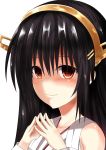  1girl bare_shoulders black_hair brown_eyes commentary_request hair_between_eyes hair_ornament hairband hairclip haruna_(kantai_collection) japanese_clothes kantai_collection long_hair looking_at_viewer nontraditional_miko simple_background solo tatsuno white_background yandere_trance 