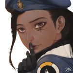  1girl 21yc_(september_breeze) ana_(overwatch) beret black_hair dark_skin face finger_to_mouth hat highres looking_at_viewer overwatch shushing solo 