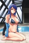  blue_hair breasts cleavage din_(raiden) gakuen_taisen_valkyries glasses hairband highres large_breasts legs long_hair looking_at_viewer parted_lips pink_eyes rei_no_pool sabra_greengold seiza sitting thighs wet 
