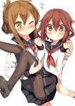  2girls anchor_symbol black_legwear blush brown_hair carrying fang folded_ponytail hair_ornament hairclip highres ikazuchi_(kantai_collection) inazuma_(kantai_collection) kantai_collection kawai_(purplrpouni) kneehighs long_hair looking_at_viewer multiple_girls neckerchief one_eye_closed open_mouth pantyhose pleated_skirt princess_carry school_uniform serafuku short_hair skirt smile 