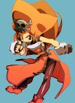  1girl brown_eyes brown_hair fingerless_gloves gloves guilty_gear hat long_hair may_(guilty_gear) orange_hat orange_shirt pantyhose pirate_hat pointing pointing_at_viewer shirt skull_and_crossbones smile solo ysk! 