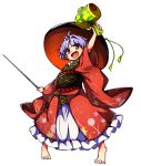  1girl baba_(baba_seimaijo) barefoot bowl bowl_hat frills hat highres japanese_clothes kimono miracle_mallet needle purple_hair short_hair solo sukuna_shinmyoumaru touhou transparent_background wide_sleeves 