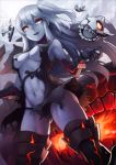  1girl :d aircraft_carrier_hime boots breasts delta_monster dress enemy_aircraft_(kantai_collection) grey_skin kantai_collection large_breasts long_hair looking_down navel one_side_up open_mouth red_eyes shinkaisei-kan smile solo thigh-highs thigh_boots torn_clothes torn_dress under_boob white_hair 