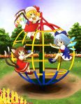  3girls :d animal_ears ascot blonde_hair blue_eyes blue_hair blue_shoes blue_skirt blue_vest blush_stickers bow brown_eyes brown_hair brown_shoes cat_ears chen cirno dress eijima_moko fairy_wings flandre_scarlet frilled_dress frilled_skirt frills grass grin ground hair_bow hat jungle_gym looking_at_viewer multiple_girls multiple_tails neck_ribbon open_mouth outdoors park playground playing puffy_short_sleeves puffy_sleeves red_dress red_eyes red_shoes red_skirt red_vest ribbon shirt shoes short_hair short_sleeves side_ponytail skirt skirt_set sky smile socks tail touhou tree two_tails vest white_shirt wings 