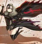  1girl absurdres armor blonde_hair blush cape character_name fate/grand_order fate_(series) fur-trimmed_cape headpiece highres jeanne_alter ruler_(fate/apocrypha) short_hair smile solo sword thigh-highs thighs weapon yellow_eyes 