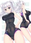  1girl ass blue_eyes blush breasts covered_navel fukuda_shuushi highres kantai_collection kashima_(kantai_collection) large_breasts long_hair multiple_views school_swimsuit silver_hair solo swimsuit thighs twintails wavy_hair 