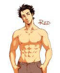  1boy abs adonis_belt brown_hair character_name feriowind hair_slicked_back hands_in_pockets looking_to_the_side male_focus muscle nipples pokemon pokemon_(game) pokemon_sm red_(pokemon) red_(pokemon)_(sm) shirtless solo 