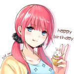  1girl :3 absurdres bangs blue_dress blue_eyes blunt_bangs blush breasts cardigan cupcake da-cart dress eyebrows_visible_through_hair floral_print food go-toubun_no_hanayome happy_birthday highres large_breasts looking_at_viewer nail_polish nakano_nino open_cardigan open_clothes pink_hair scrunchie simple_background smile tongue tongue_out twintails white_background yellow_cardigan 