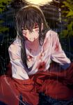  1boy artist_name black_hair blood blood_on_face bloody_clothes clenched_teeth facial_mark hair_between_eyes inuyasha inuyasha_(character) japanese_clothes leaf long_hair looking_at_viewer male_focus outdoors rain sitting slit_pupils solo sukja sunlight teeth wet wet_clothes wet_hair yellow_eyes 